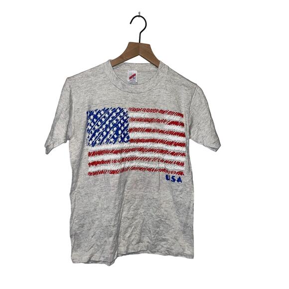 Vintage USA Flag Shirt Jerzees Stripes Gray Graphic Test Print Tee 90s VTG M - Picture 1 of 11